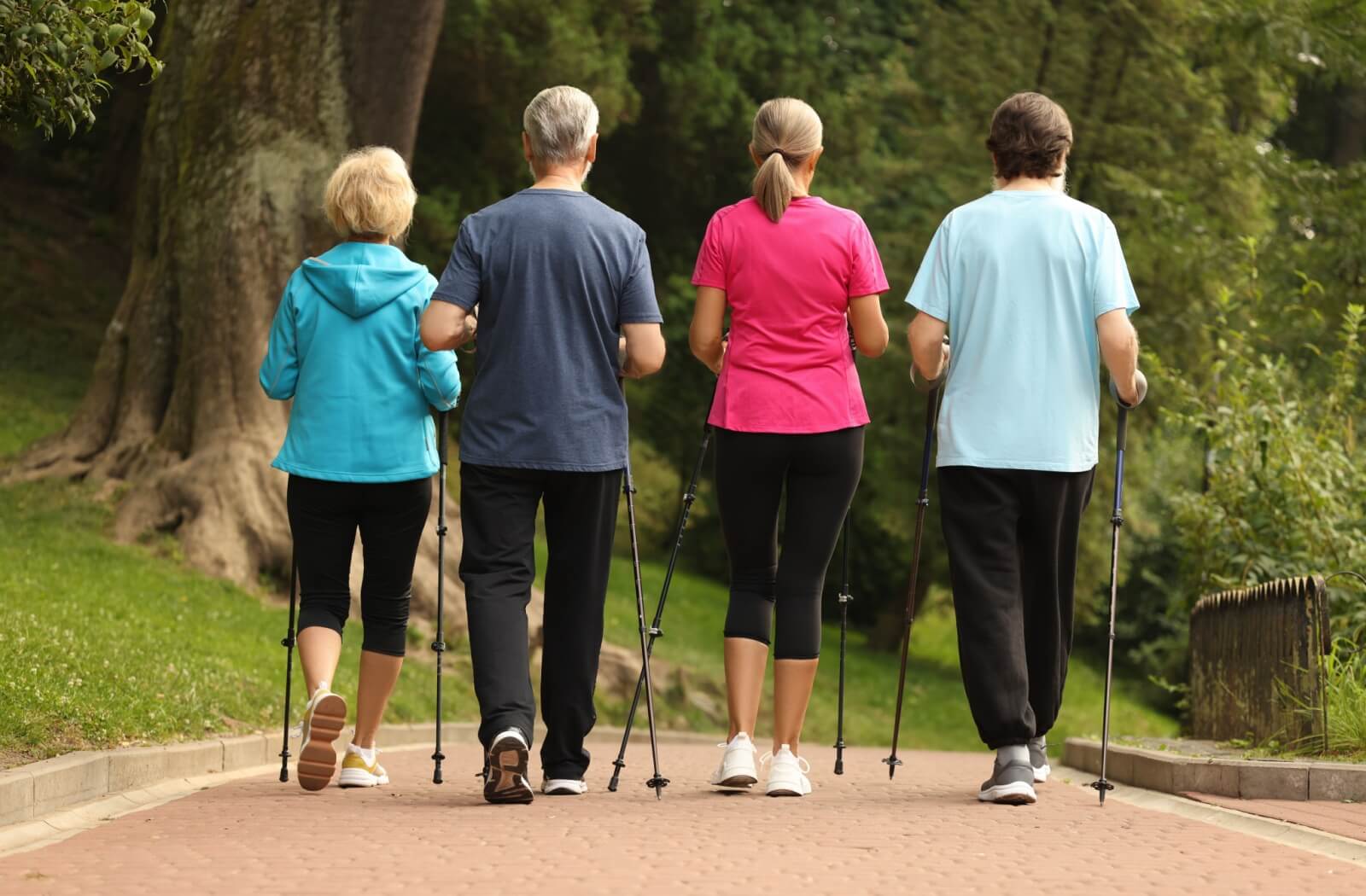 A group of older adults enjoy a walk together and combine the effects of socialization and physical activity to boost keep their minds and bodies healthy.